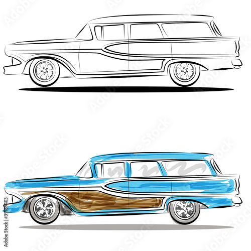 Watercolor Station Wagon Line Art