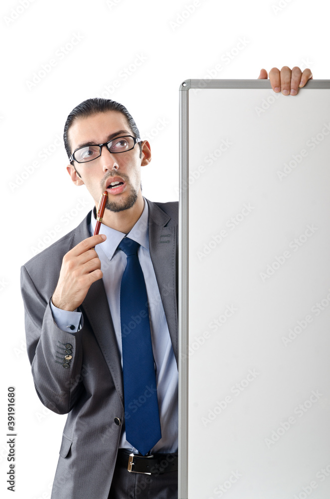 Young businessman with white board