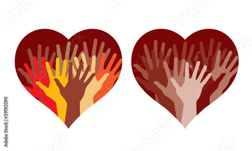 Hearts with many helping hands, abstract vector illustrations