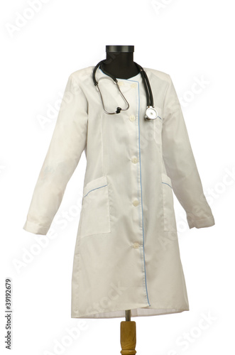 Medical coat and stethoscope isolated on white