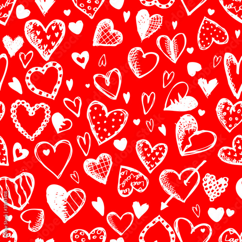 Seamless pattern with valentine hearts, sketch drawing