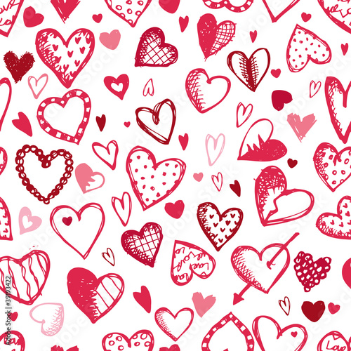 Seamless pattern with valentine hearts, sketch drawing