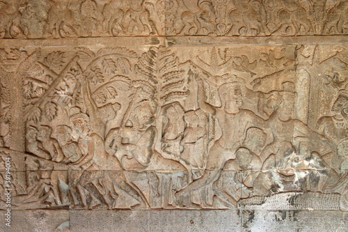 Carvings on wall and terrace of Angkor Wat