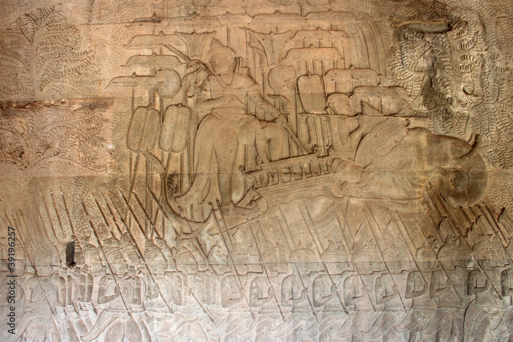Obraz premium Carvings on wall and terrace of Angkor Wat