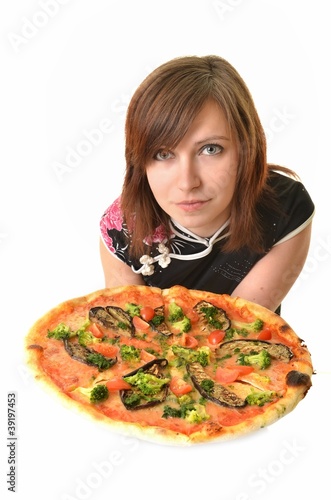 sexy femme avec pizza isolé