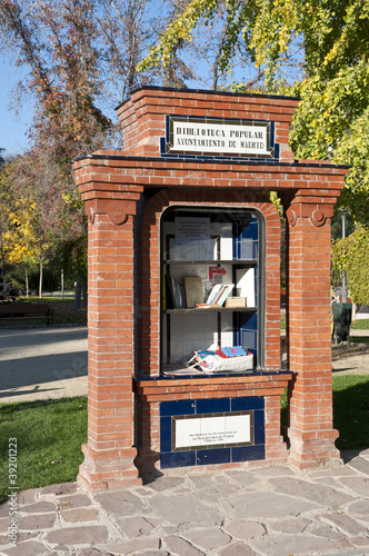 Small popular library in the Retiro Park, Madrid, Spain