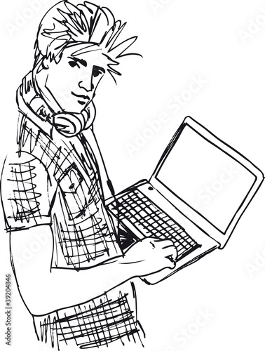 Sketch of Young man with laptop. Vector illustration