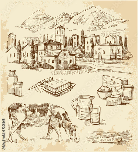 Village houses sketch with food
