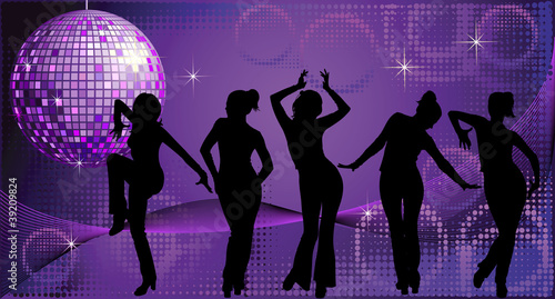 Five dancing women silhouettes on disco background