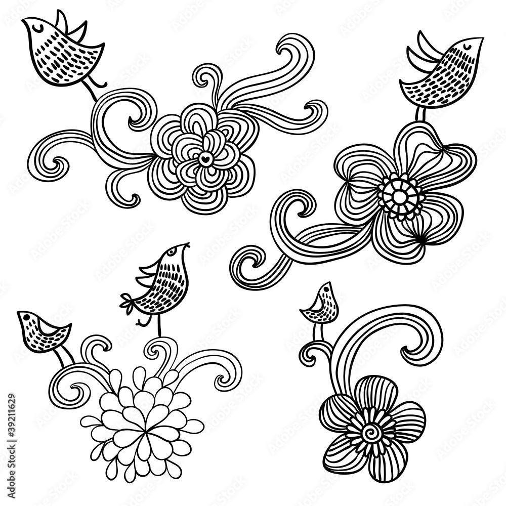 Floral elements with birds Floral elements with birds