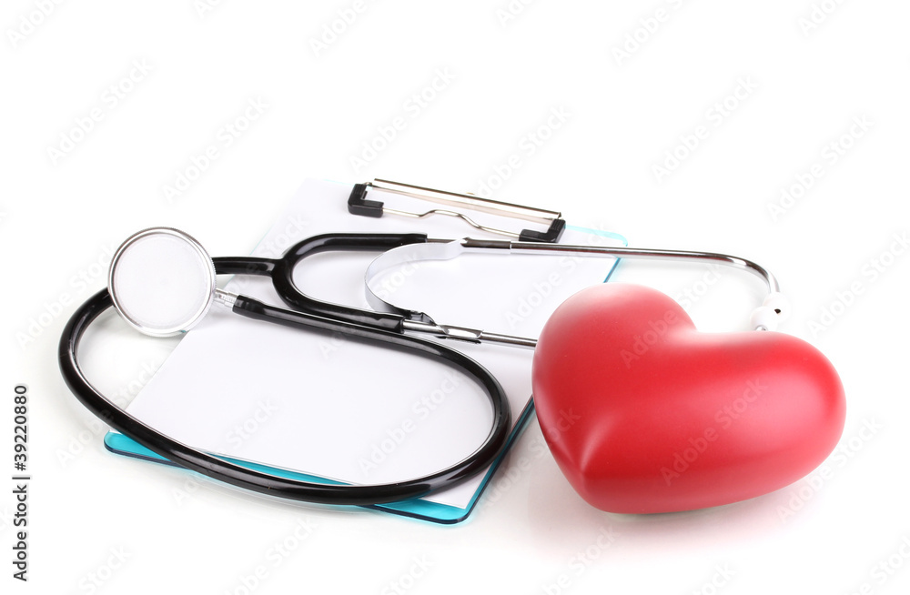 Stethoscope, heart and blank clipboard isolated on white Stethoscope, heart and blank clipboard isolated on white