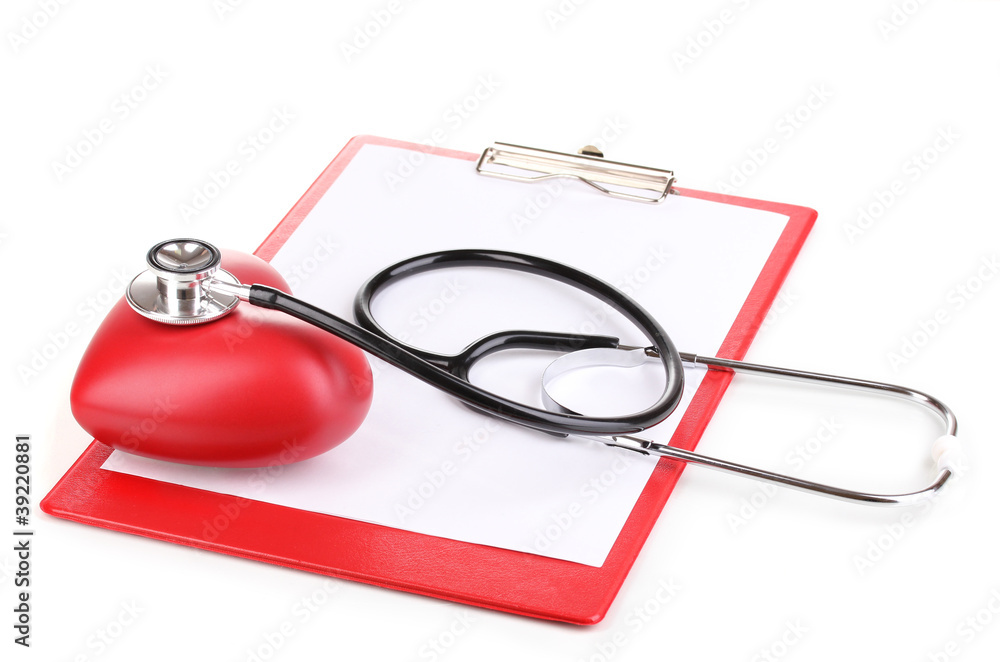 Stethoscope, heart and blank clipboard isolated on white Stethoscope, heart and blank clipboard isolated on white
