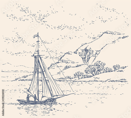 Vector landscape. Boat near the coast