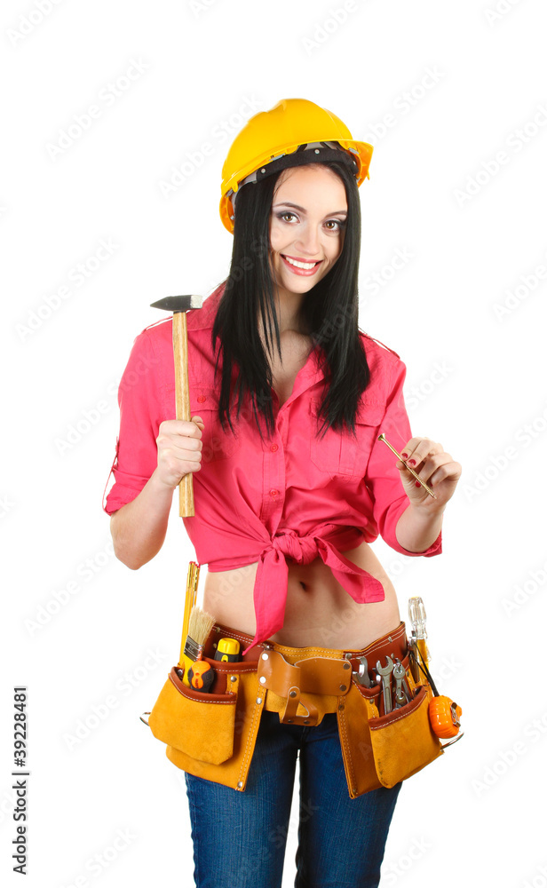 beautiful young girl-builder holding hammer isolated on white beautiful young girl-builder holding hammer isolated on white