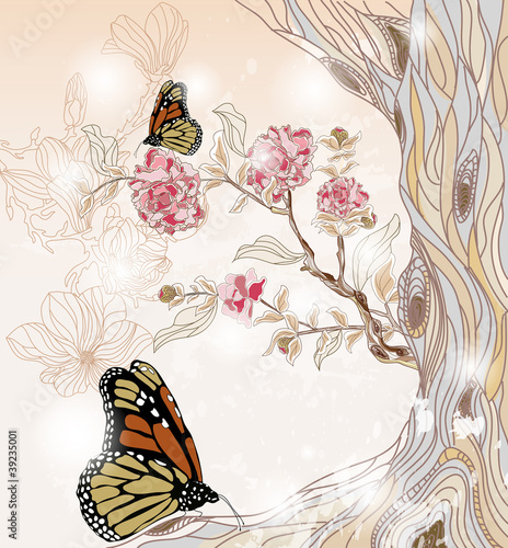 artistic spring scenery with peony branch and butterflies