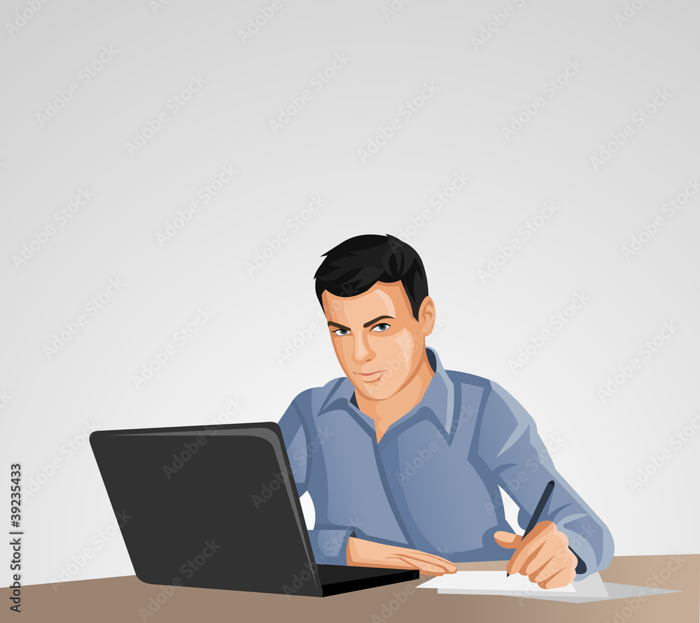 Man wearing blue shirt using laptop computer Man wearing blue shirt using laptop computer
