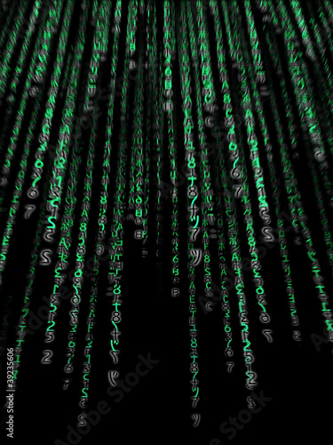 Green binary code on black background photo