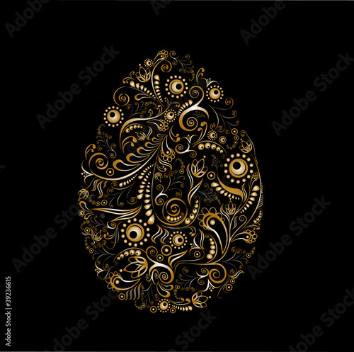 Easter egg with a golden ornament on a black background