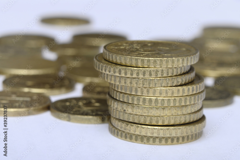 Euros cent coins with focus on twenty cent Euros cent coins with focus on twenty cent