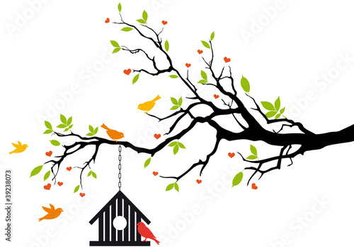 Naklejka ptak dom na wiosnę drzewo, wektor