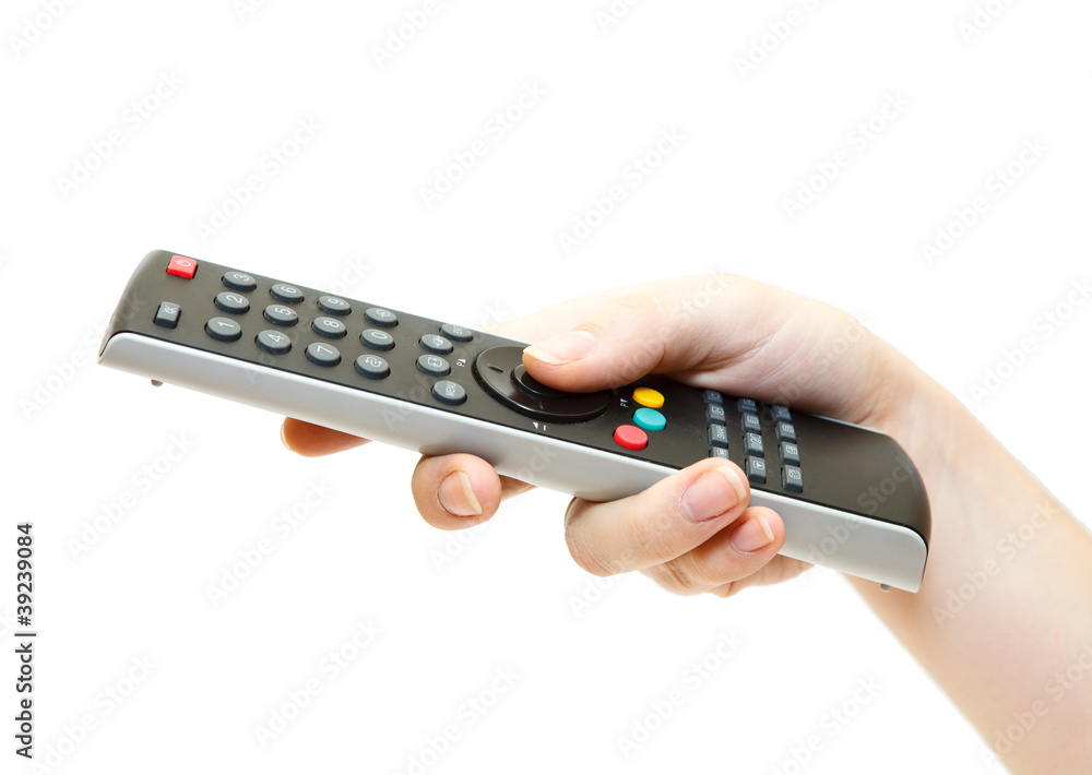 Female hand with remote control isolated on white background Female hand with remote control isolated on white background