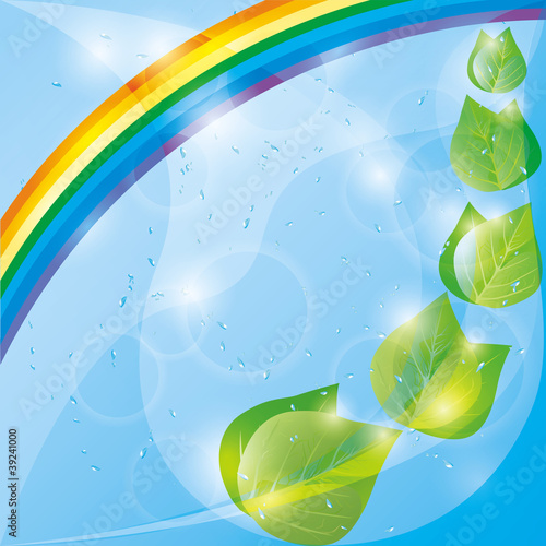 Spring eco background with fresh leaves and rainbow