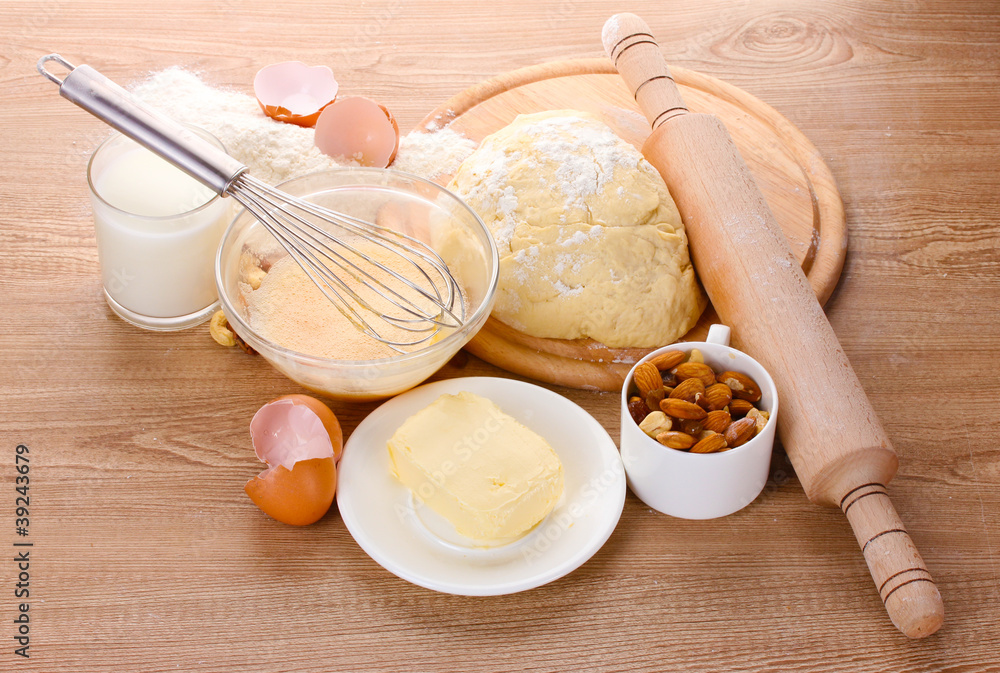Ingredients for the dough wooden table Ingredients for the dough wooden table