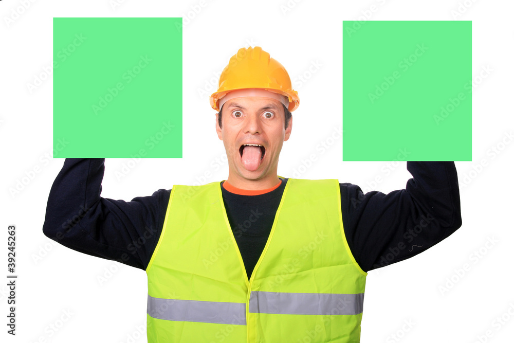 Portrait of a worker with two publicity boards