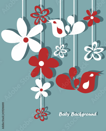 Stylish floral background, hand drawn retro flowers and birds