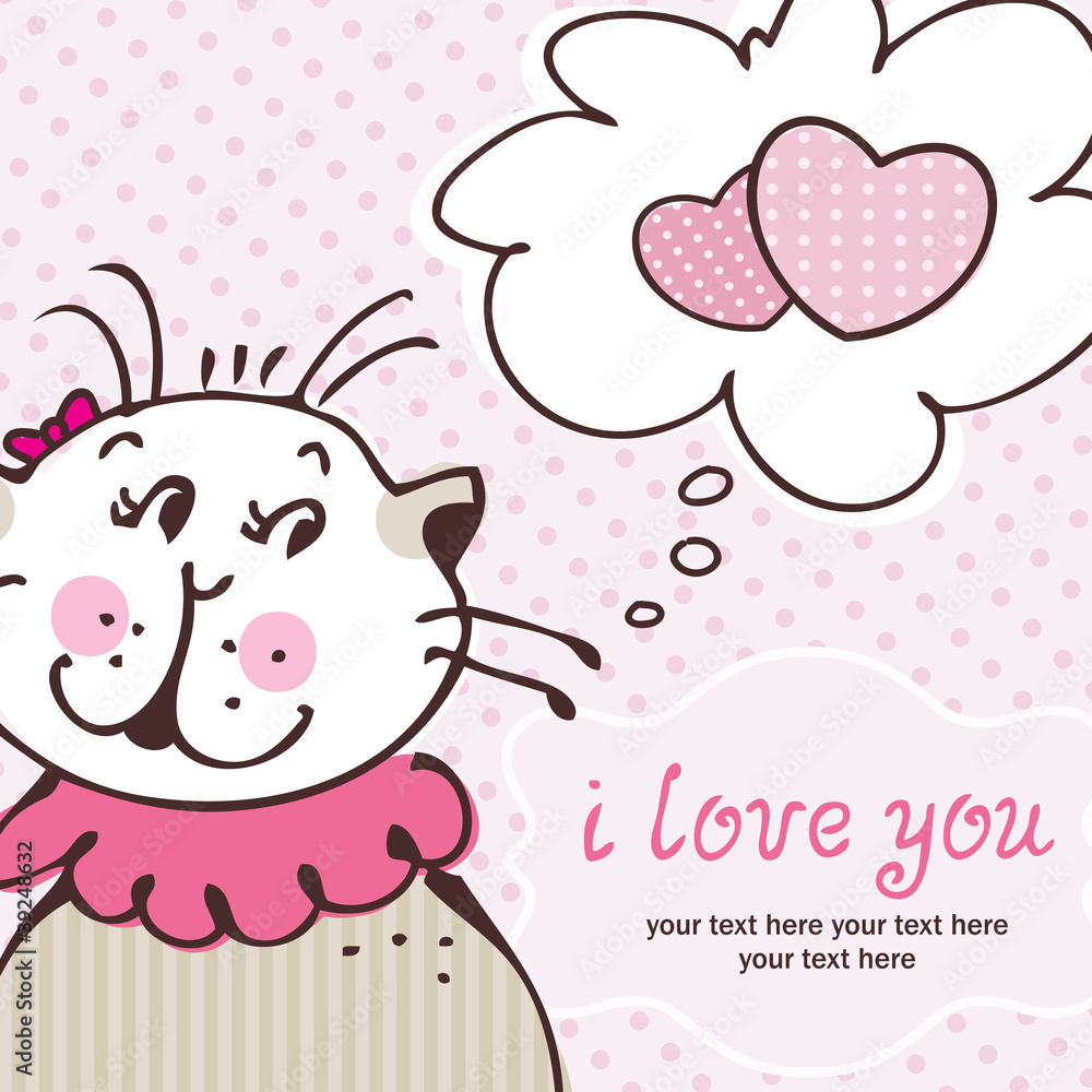 Cat in love on pink card