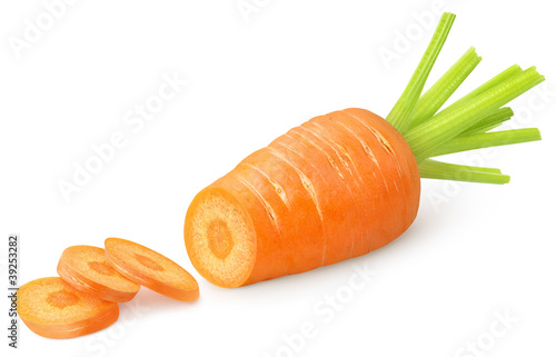 Isolated carrot. Cut fresh carrot with green stem isolated on white background