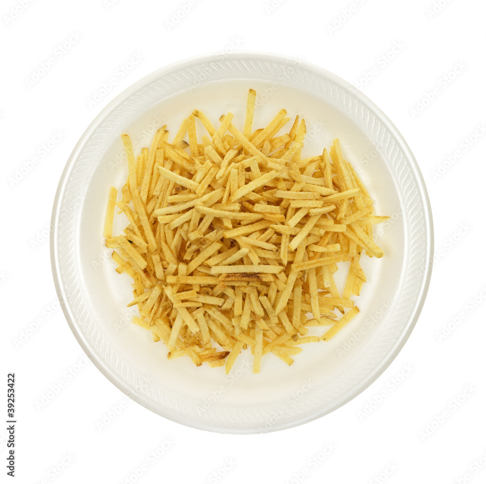 Shoestring potatoes on white plate Shoestring potatoes on white plate