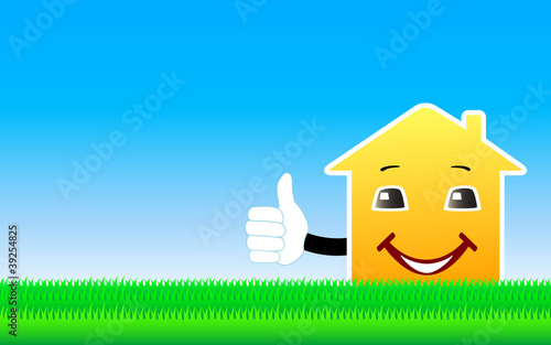 Slika na platnu background with cartoon house showing thumb up