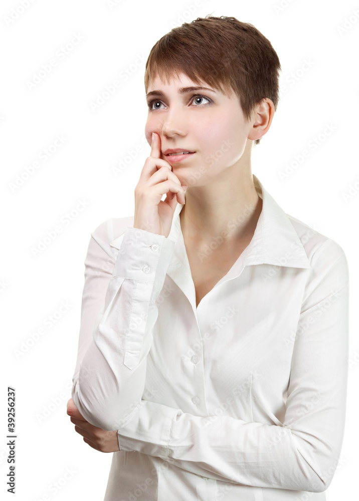 Thinking business woman smiling looking up at copy space. Beauti Thinking business woman smiling looking up at copy space. Beauti