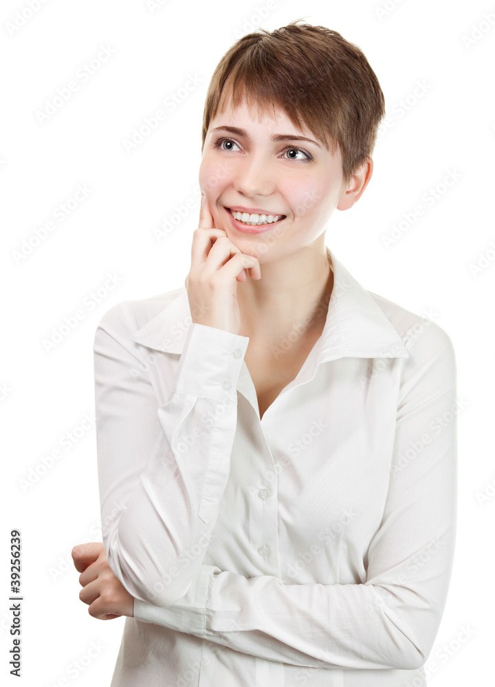 Thinking business woman smiling looking up at copy space. Beauti Thinking business woman smiling looking up at copy space. Beauti