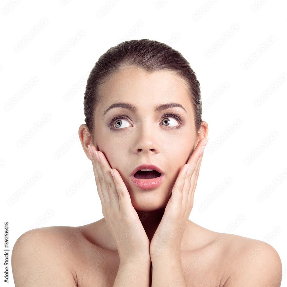 portrait of surprised woman over white background portrait of surprised woman over white background