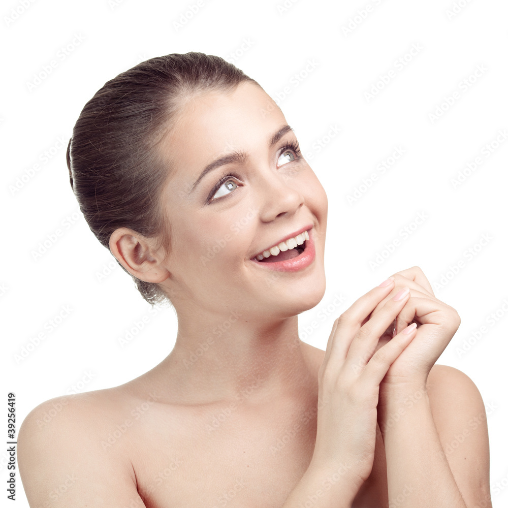 portrait of a happy beautiful smiling woman, isolated against wh portrait of a happy beautiful smiling woman, isolated against wh
