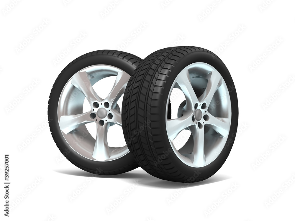 Car wheels on white background.
