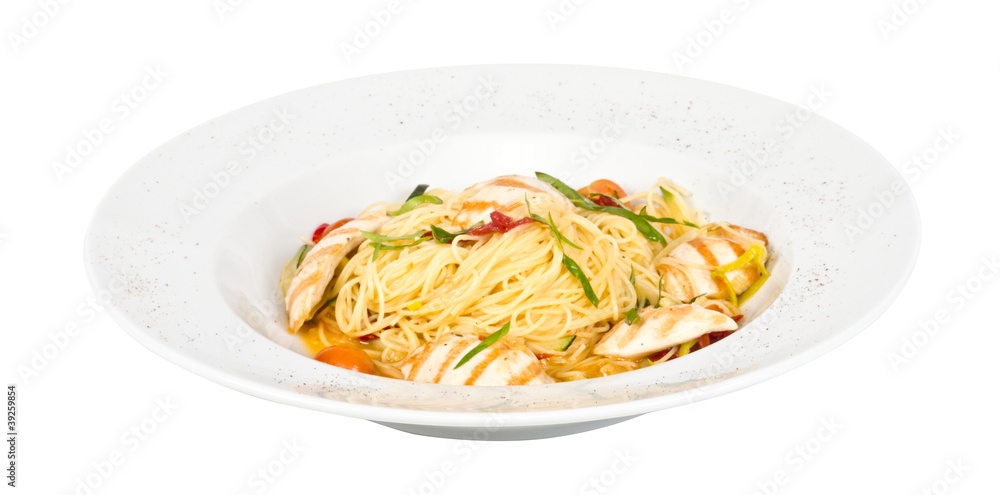 close-up of plate of pasta and chicken close-up of plate of pasta and chicken