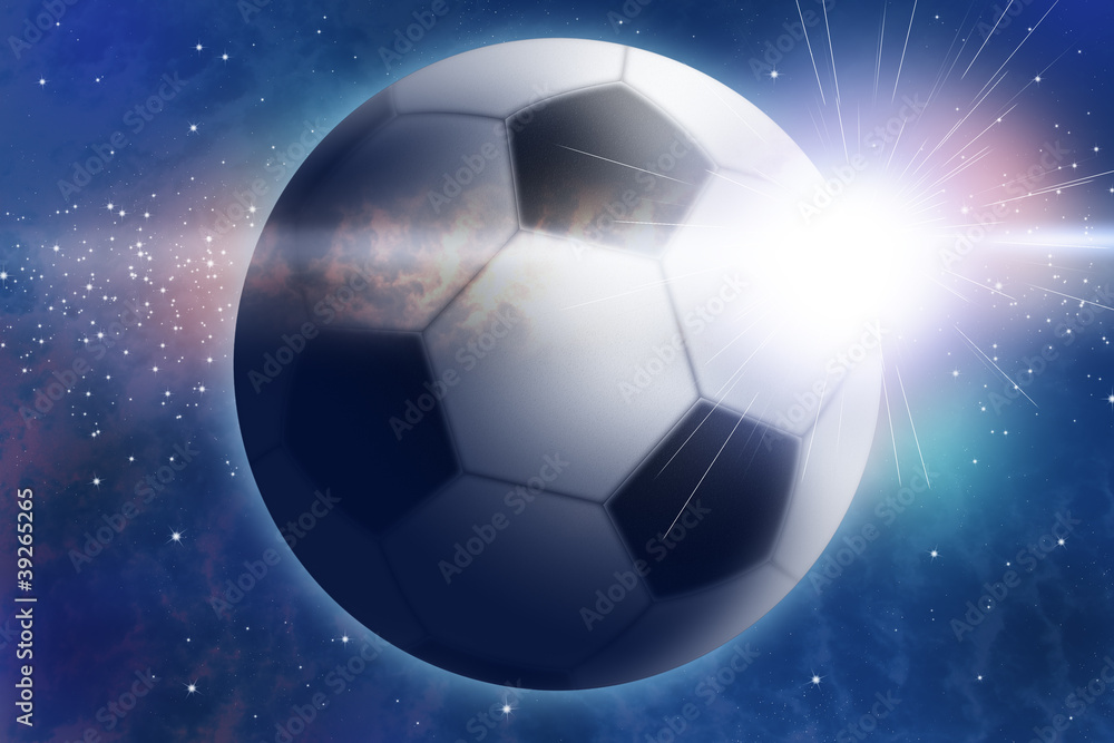 Fototapeta premium Abstract space landscape with football and sunrise