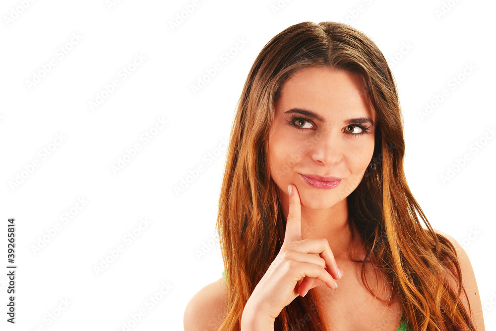 Portrait of a beautiful young woman thinking isolated on white Portrait of a beautiful young woman thinking isolated on white