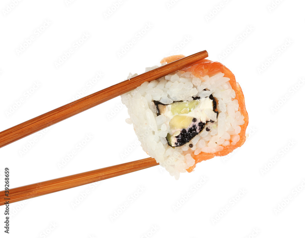 Holding roll with chopsticks isolated on white Holding roll with chopsticks isolated on white
