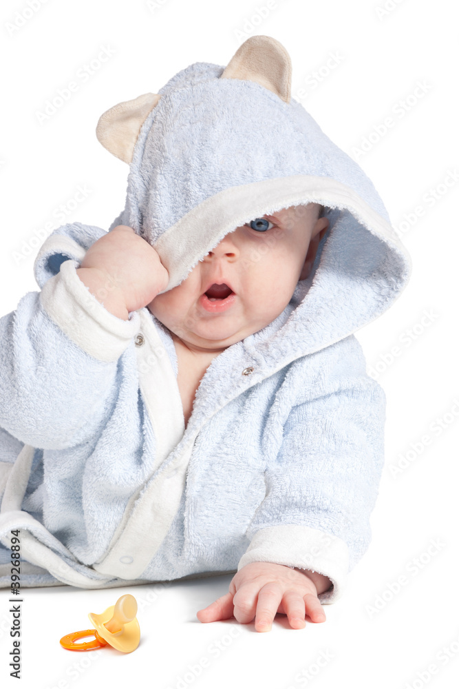portrait of a cheerful child in blue bathrobe portrait of a cheerful child in blue bathrobe