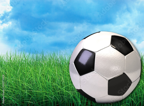soccer ball in green grass over a blue sky