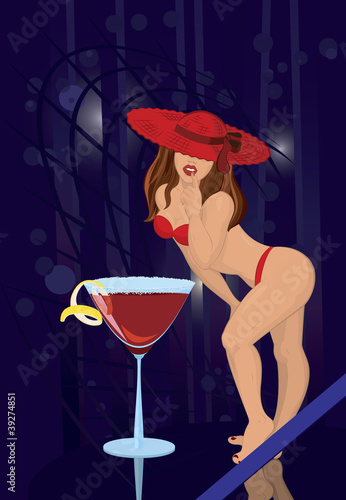 Red-hat-girl-and-Cosmo-cocktail-on-blue-disco