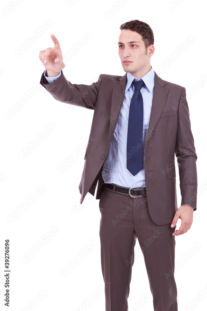 business man pressing an inaginary button business man pressing an inaginary button
