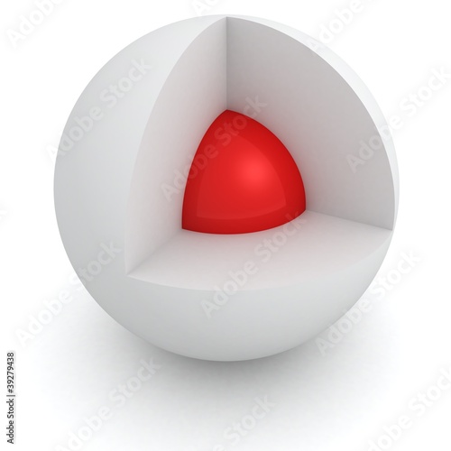Cross section of white sphere with red core inside photo