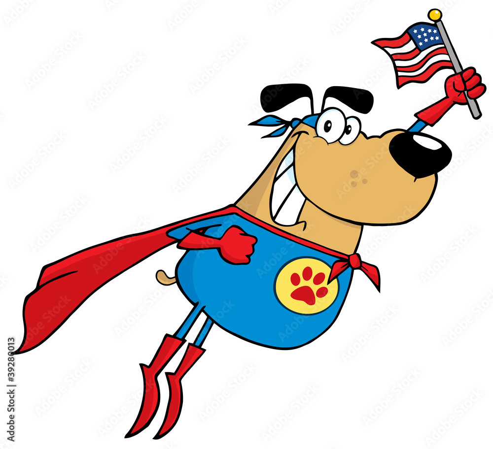 Naklejka premium Super Hero Dog Flying And Waving An American Flag