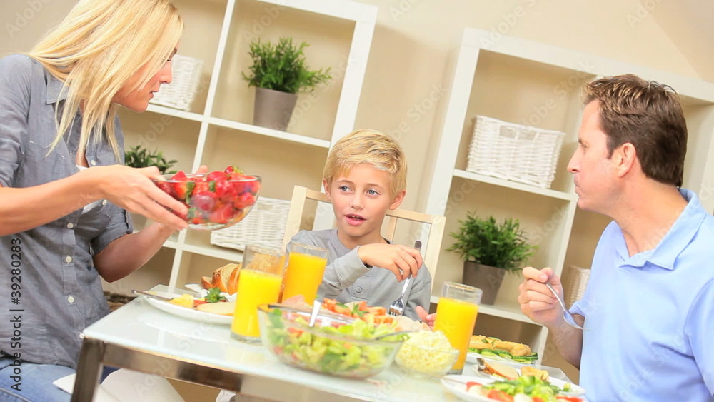 Young Caucasian Family Sharing Healthy Lunch Together Young Caucasian Family Sharing Healthy Lunch Together
