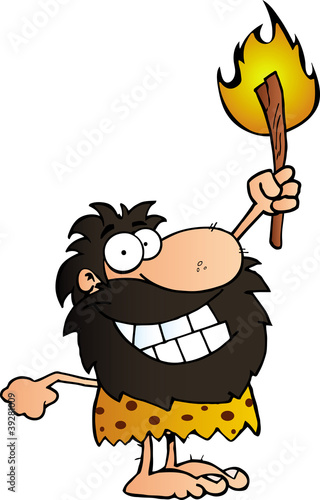 Happy Caveman Holding Up A Torch.